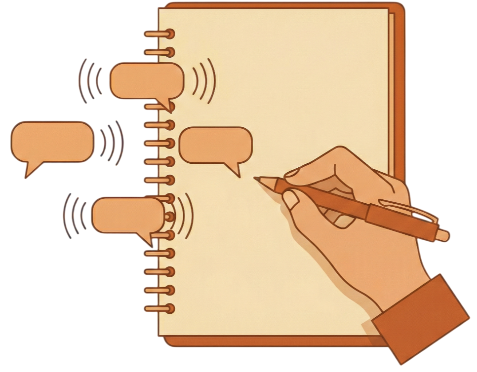 Illustration of a person writing feedback in a notebook
